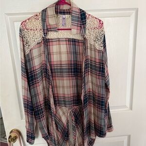 Pink and Navy Plaid Lace-Shoulder Shirt